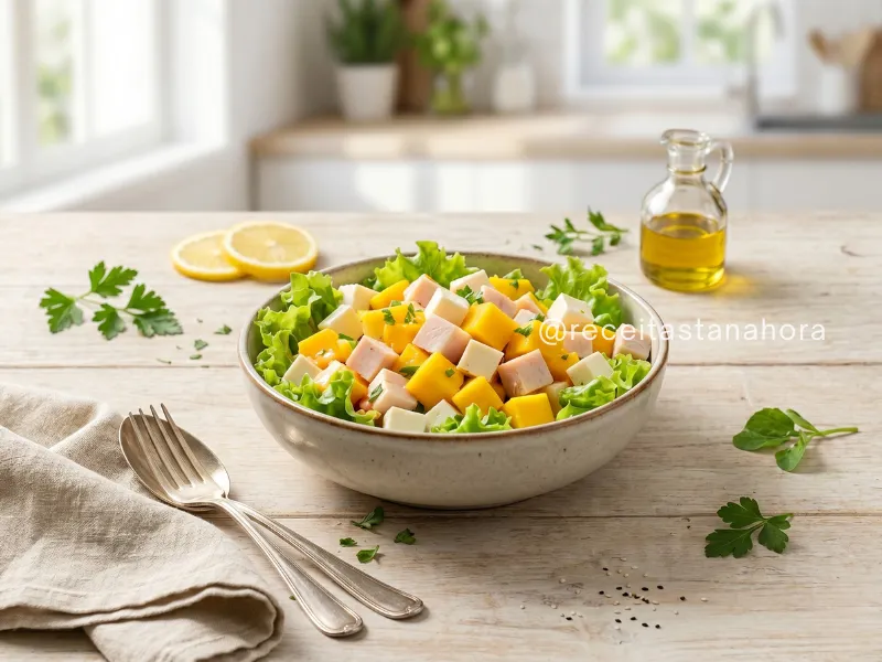 salada leve de manga com peito de peru e queijo branco para o verão