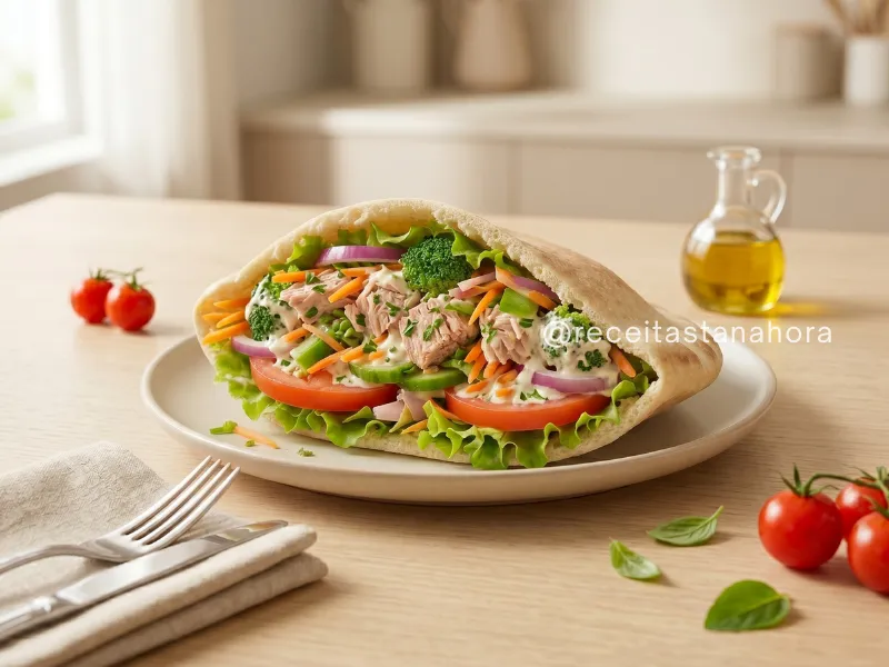 sanduíche de atum com legumes e maionese cremosa no pão pita