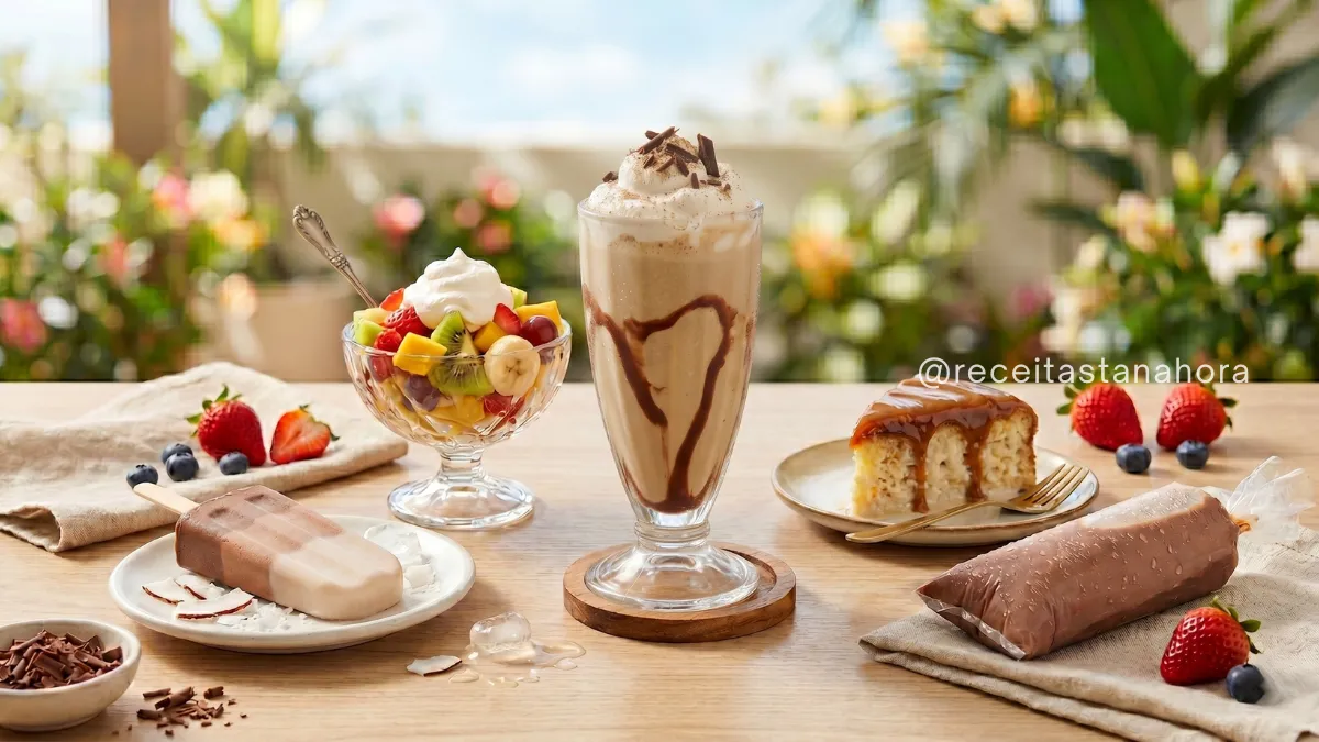 sobremesas refrescantes para o verão com milk-shake, picolé ombré, bolo gelado, salada de frutas e sacolé cremoso
