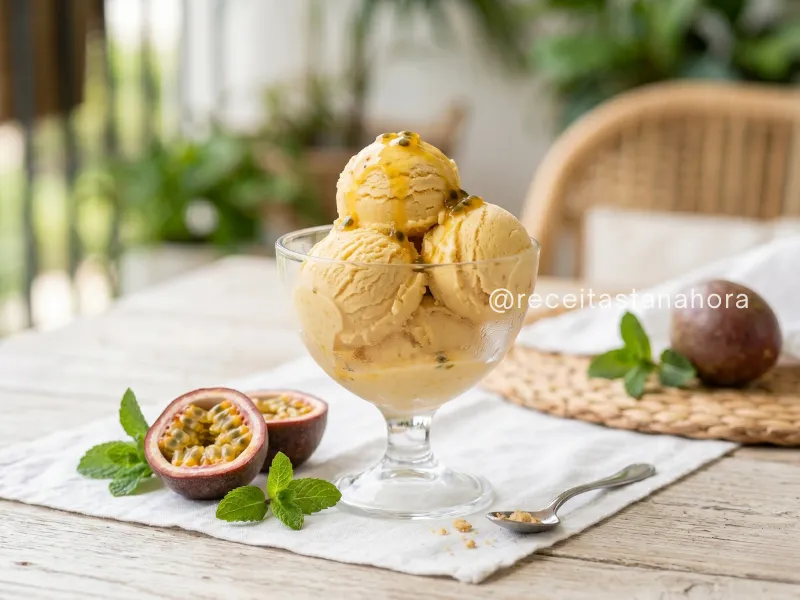 sorvete de maracujá caseiro servido em taça de vidro com polpa da fruta e folhas de hortelã em cenário claro de verão
