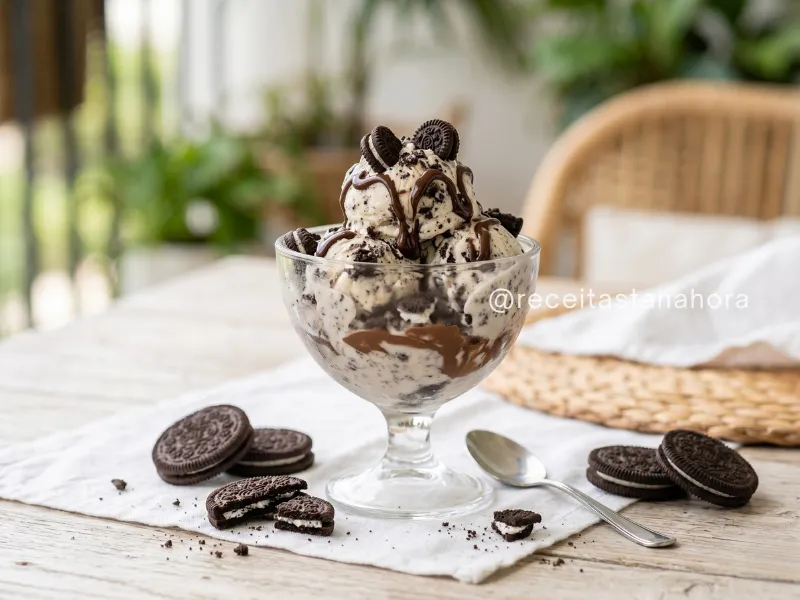 sorvete de Oreo com Nutella servido em taça de vidro com pedaços de biscoito, calda de chocolate e textura cremosa em cenário elegante de verão