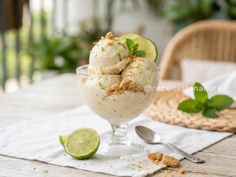 sorvete de torta de limão servido em taça de vidro com raspas de limão e farofa de biscoito em cenário claro e refrescante de verão