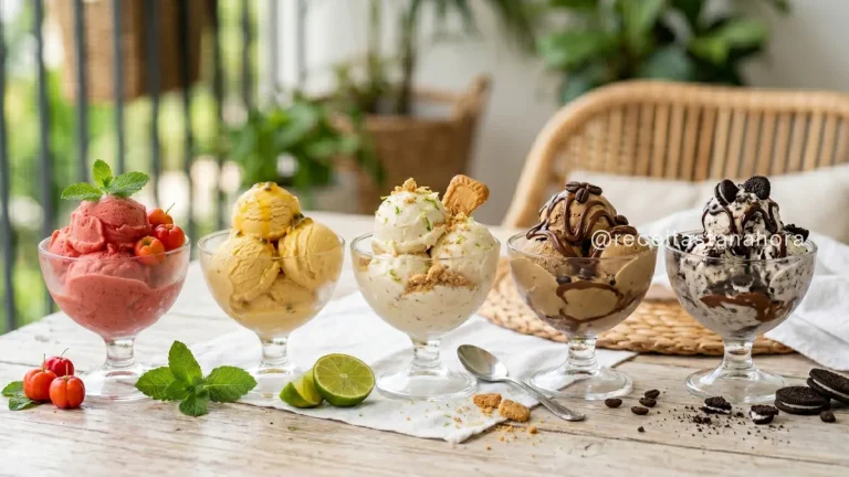taças com sorvetes refrescantes para o verão nos sabores acerola, maracujá, limão, café com chocolate e Oreo servidos sobre mesa clara com decoração tropical