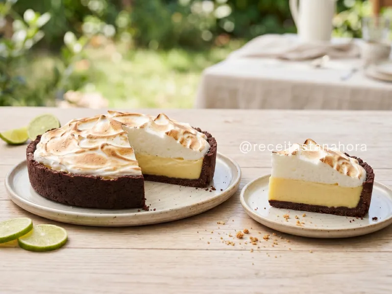 torta de limão com chocolate gelada com merengue queimado e fatia servida no prato