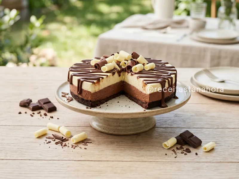torta dueto de chocolate com camadas de chocolate branco e meio amargo e fatia destacando o recheio cremoso                                                                                                    